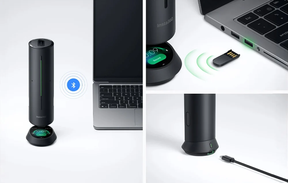 Insta360 Wave połączone z komputerem MacBook przez port USB-C